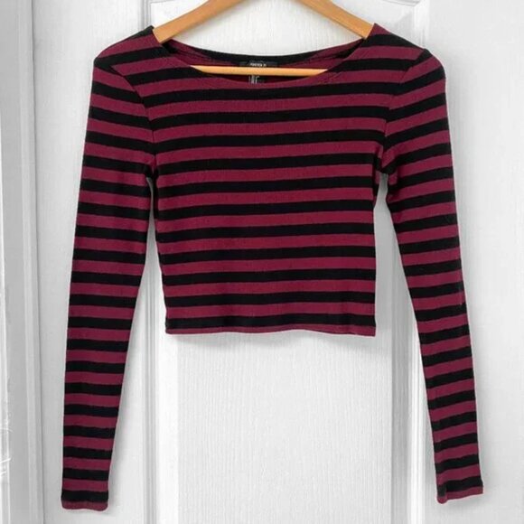🎬✨ Forever 21 - Red & Black Striped Crop Longsleeve Top - Picture 1 of 5